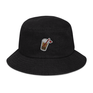 Black Denim Embroidered Icon Denim Bucket Hat