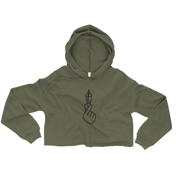 Military Green S I Love Bubble Tea Crop Hoodie